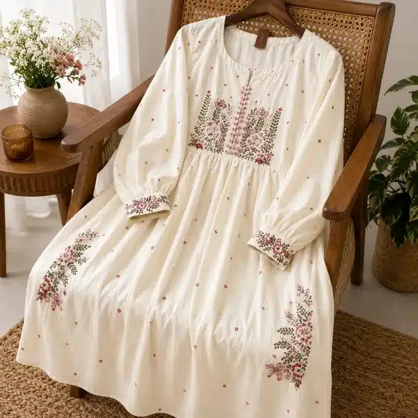 FloralCharm Women's Embroidered Cotton A-Line Kurti