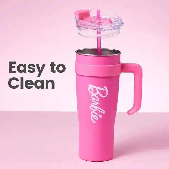 Pink Insulated Travel Tumbler – Reusable Stainless Steel Cup with Straw & Handle