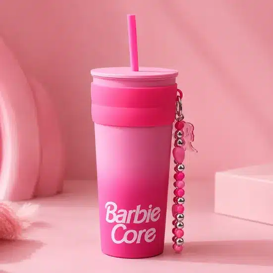 Pink Insulated Travel Tumbler – Reusable Stainless Steel Cup with Straw & Handle