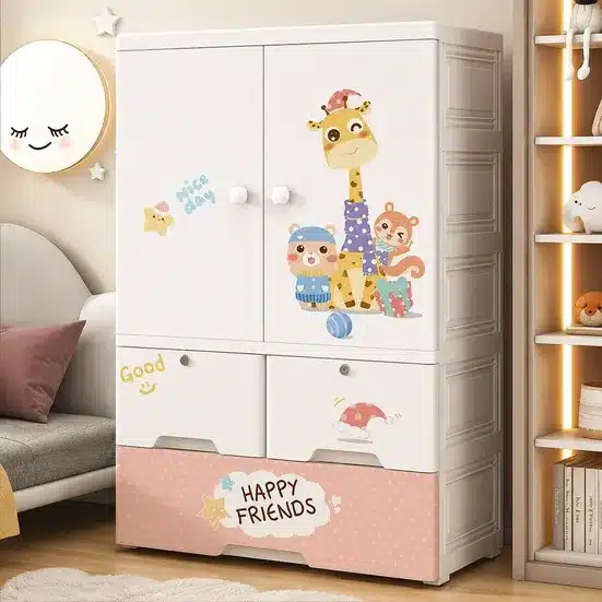 Kids Multi-Storage Wardrobe Cabinet – Cartoon Printed Organizer with Drawers
