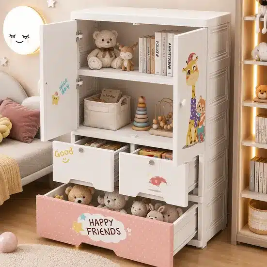 Kids Multi-Storage Wardrobe Cabinet – Cartoon Printed Organizer with Drawers