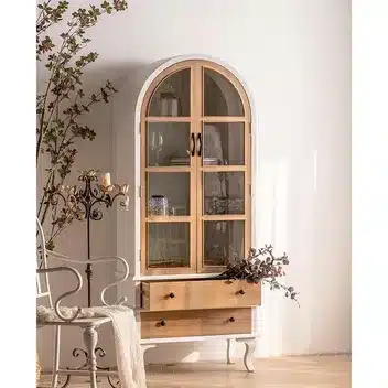 Vintage Arched Glass Door Display Cabinet with Storage Drawers – Wooden Curio & Crockery Organizer Cabinet
