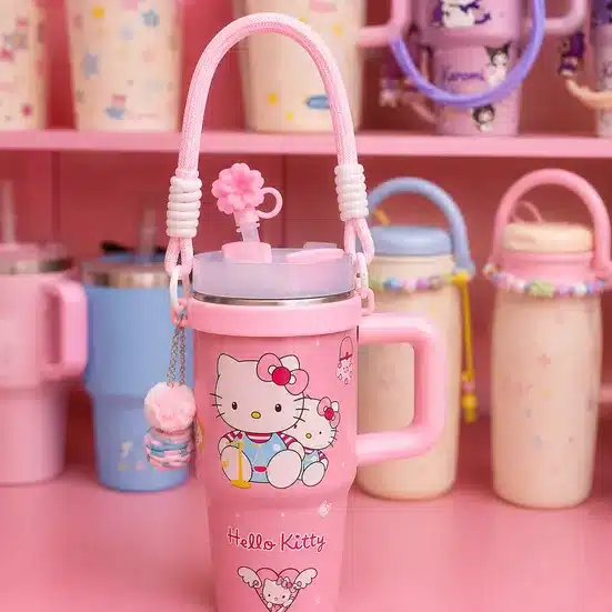 Cute Character Insulated Tumbler with Straw & Carry Strap – Stainless Steel Travel Mug for Kids & Teens