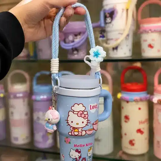 Cute Character Insulated Tumbler with Straw & Carry Strap – Stainless Steel Travel Mug for Kids & Teens