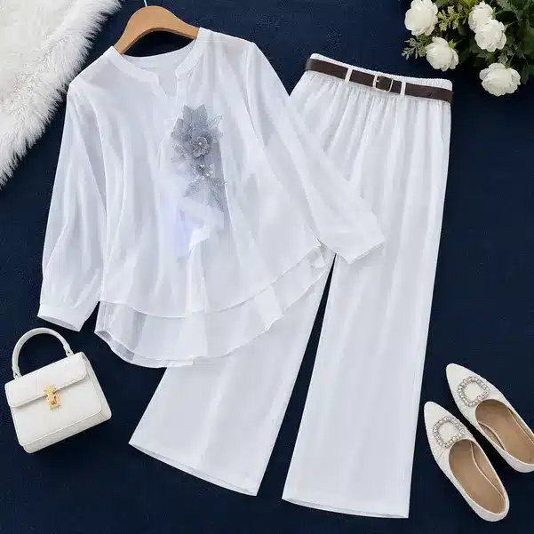 Snow White Organza Kurta Pant Set for Women
