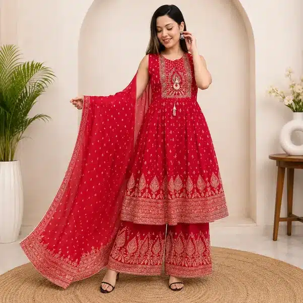 Ruby Grace Embroidered Kurta Palazzo Set with Dupatta