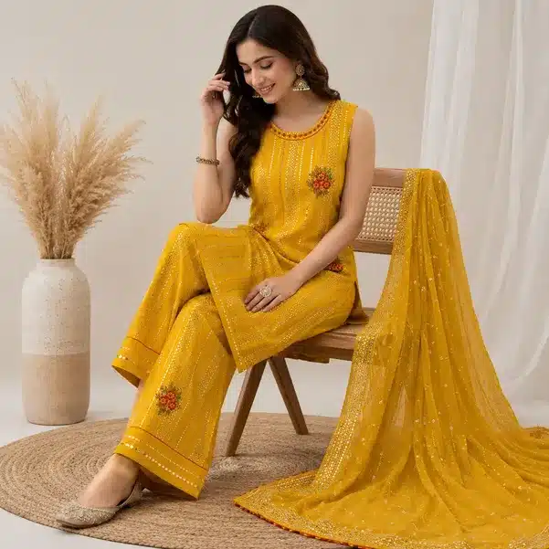 Sunshine Glow Embroidered Kurta Pant Dupatta Set for Women