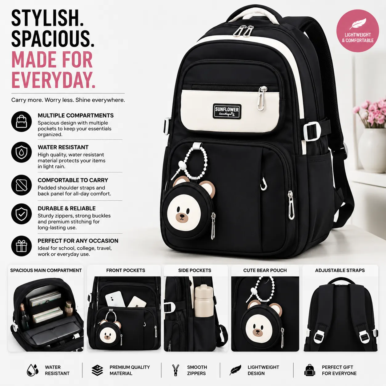 Cute Teddy Charm Laptop Backpack for Girls
