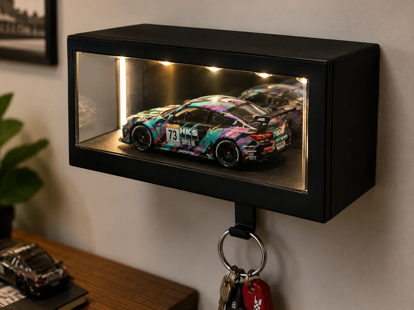 LED Wall Mounted 1:64 Diecast Car Display Case with Key Holder