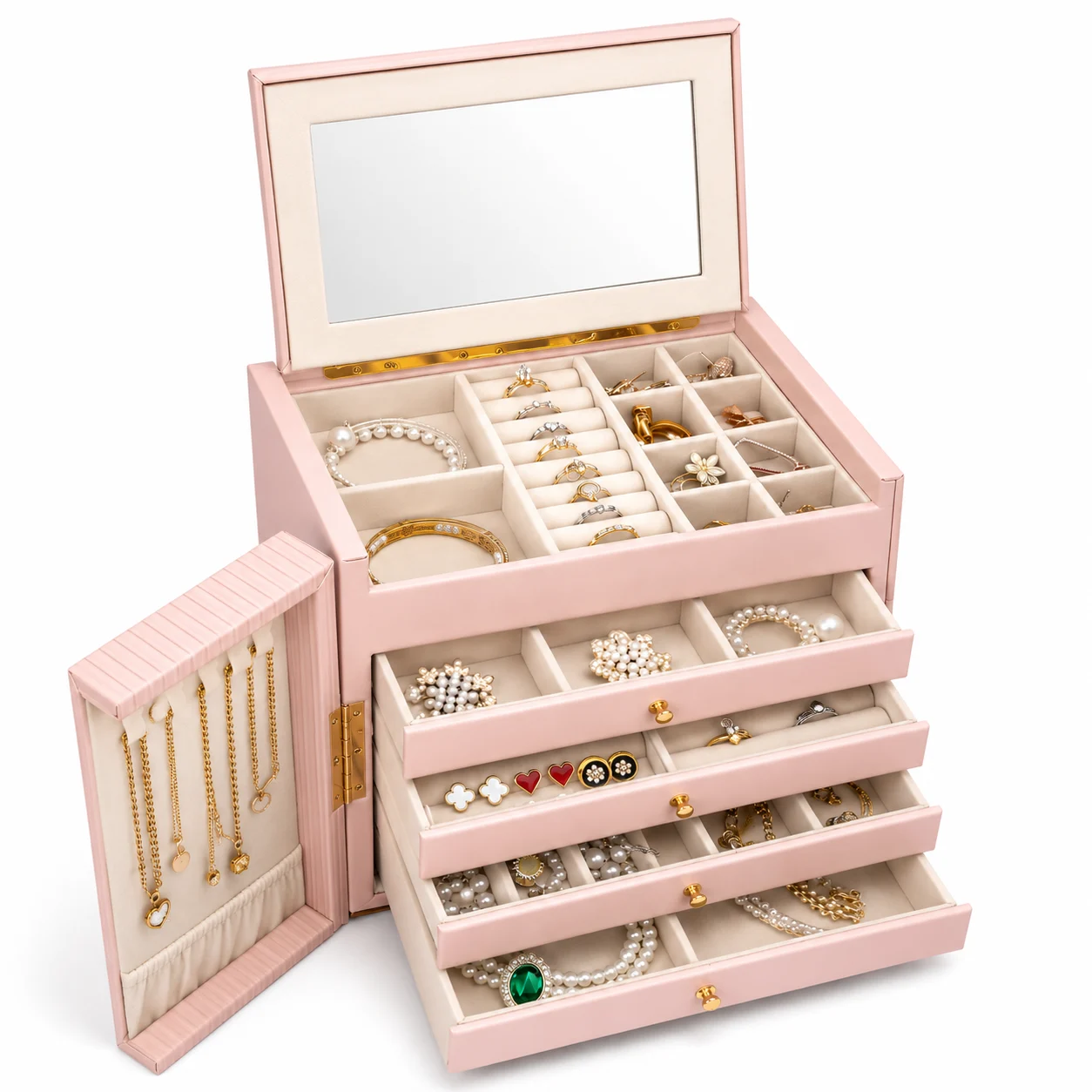 Luxury Pink Jewelry Organizer Box with Mirror