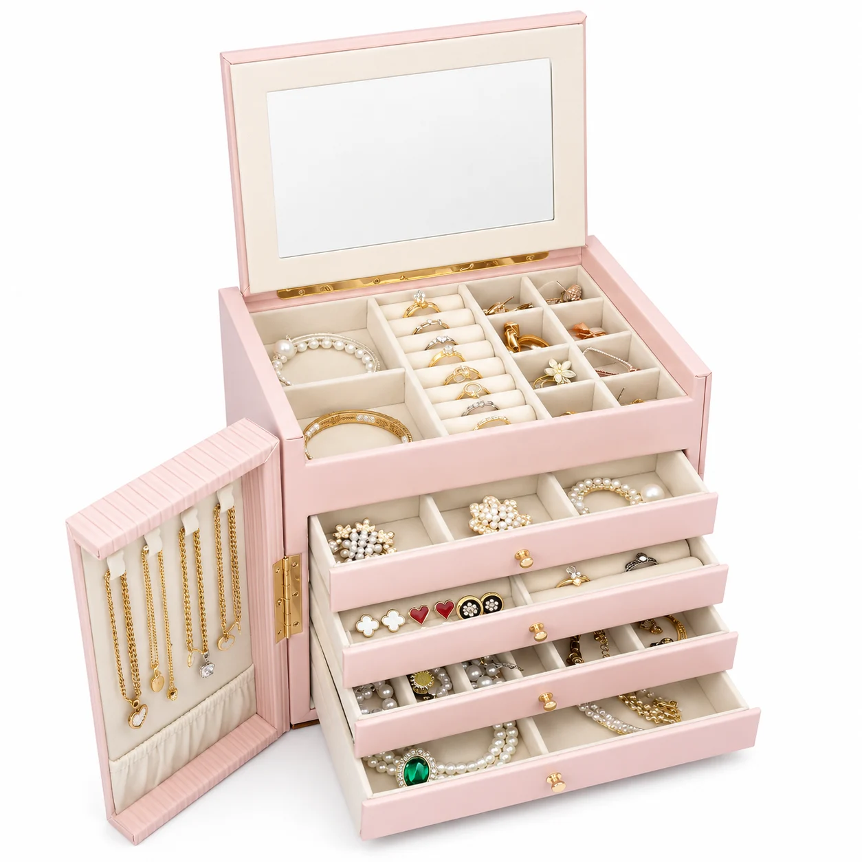 Luxury Pink Jewelry Organizer Box with Mirror