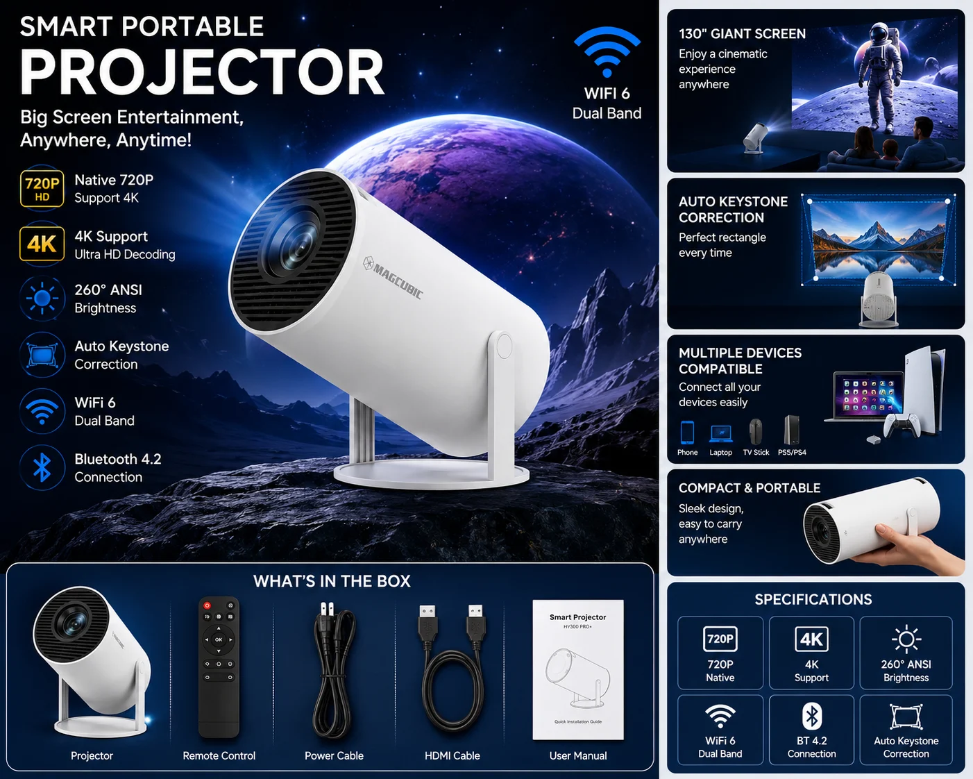 Smart Portable Mini Projector | Native 720P HD | 4K Supported
