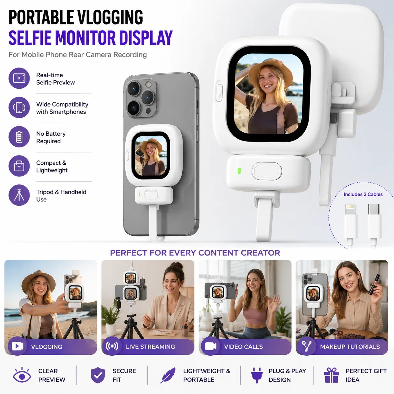 Portable Vlogging Selfie Monitor Display for Mobile Phone Rear Camera
