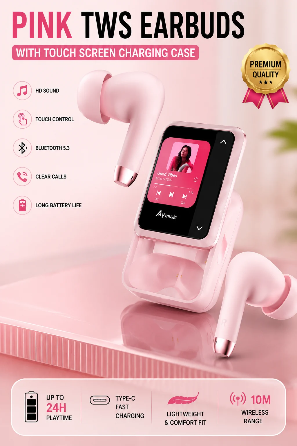 TWS Wireless Earbuds with Smart Touch Screen Charging Case